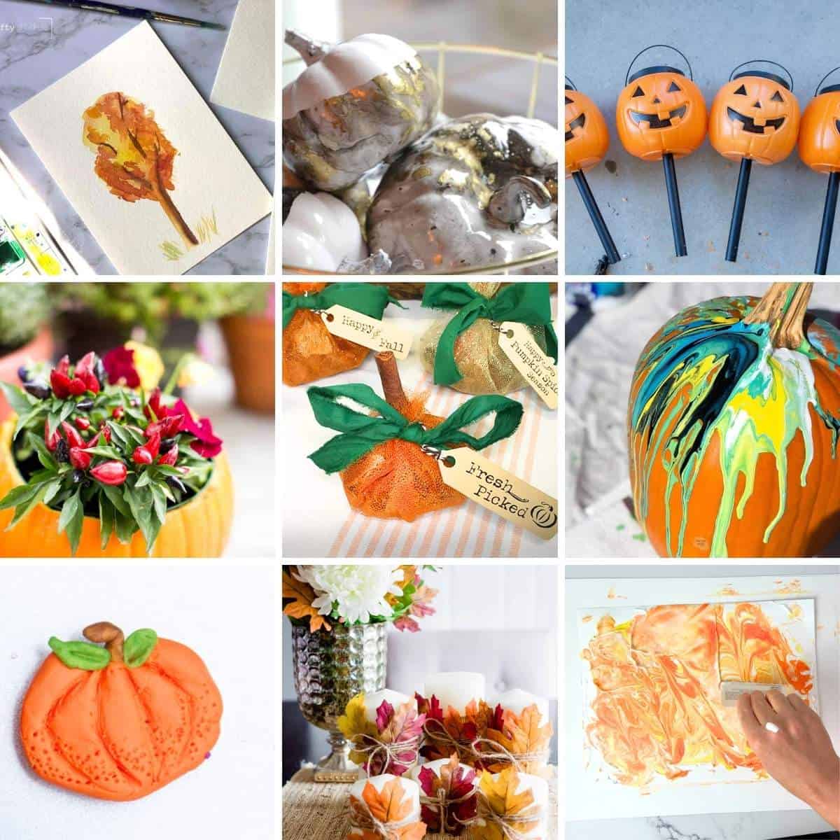 collage of 9 fall crafts for adults.