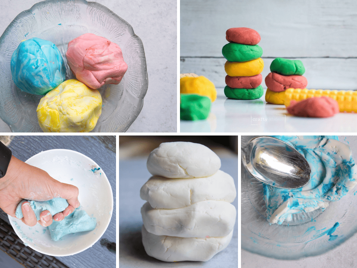 collage of different homemade playdoughs.