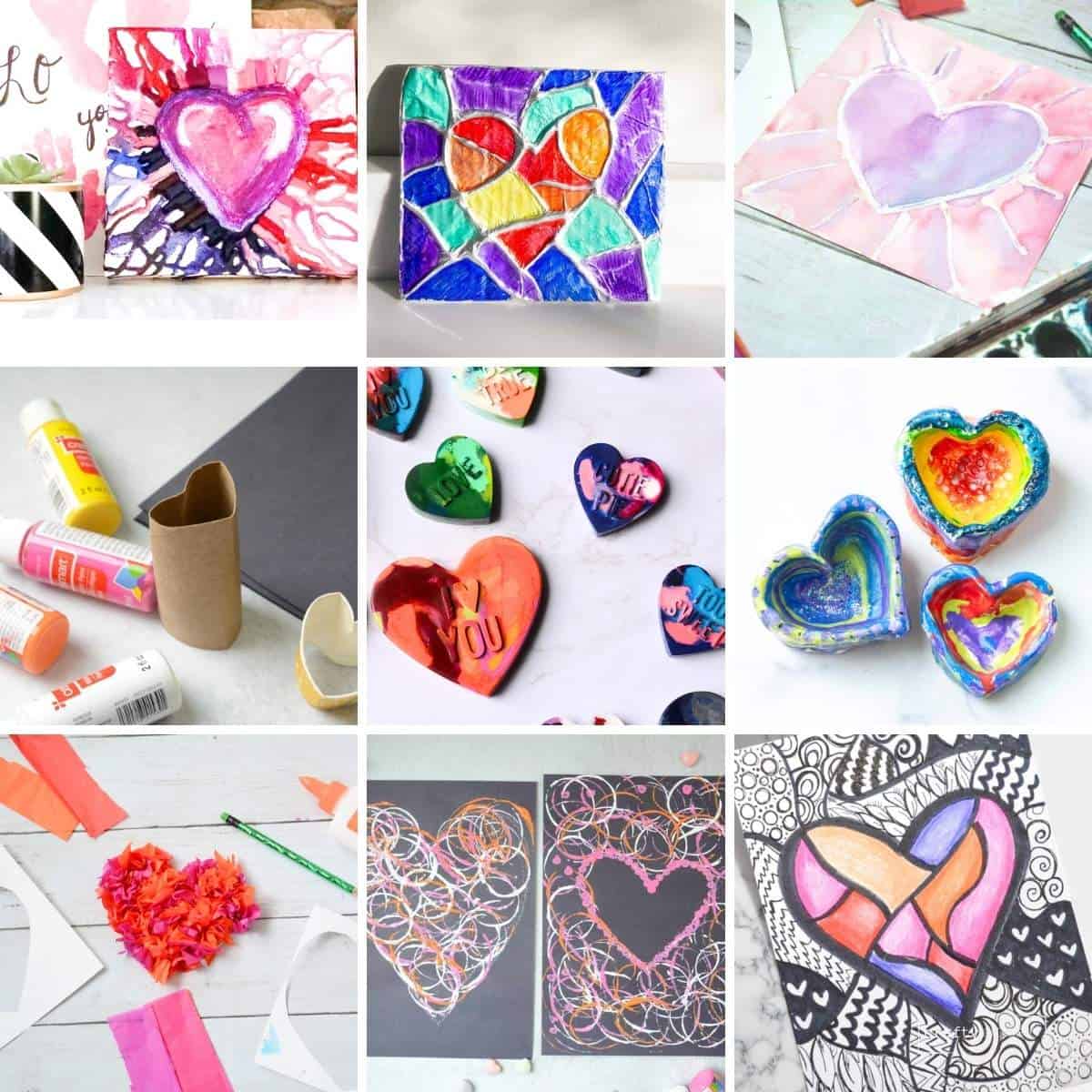 collage of heart art project ideas for kids.