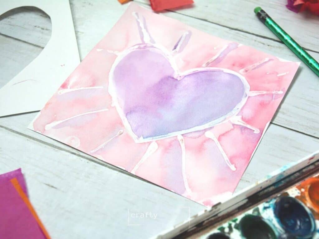 easy heart painting done with glue and watercolor paint on paper.
