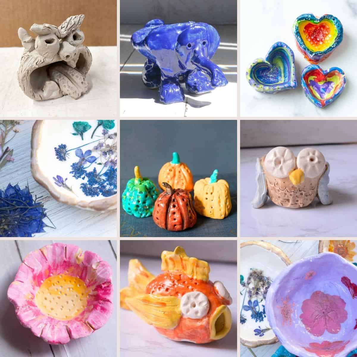 collage of 9 different clay pinch pot ideas and projects.