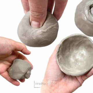 hands in different stages of making clay pinch pot.