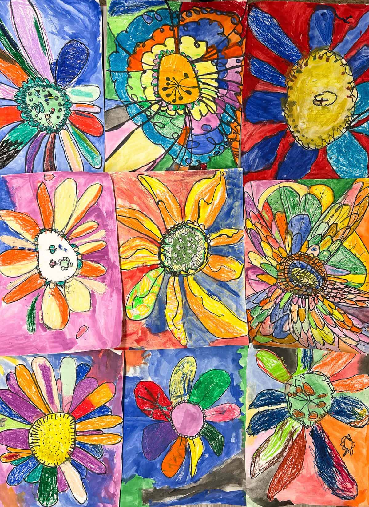 9 different flower paintings for kids inspired by Georgia O'Keeffe.