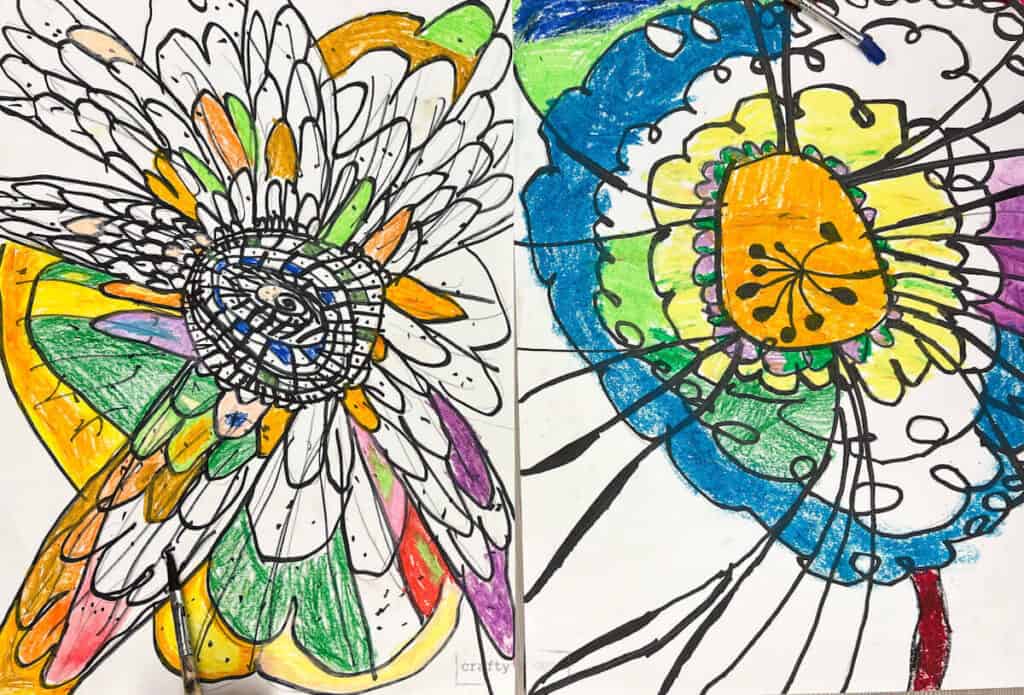 oil pastels in flower art project for kids.