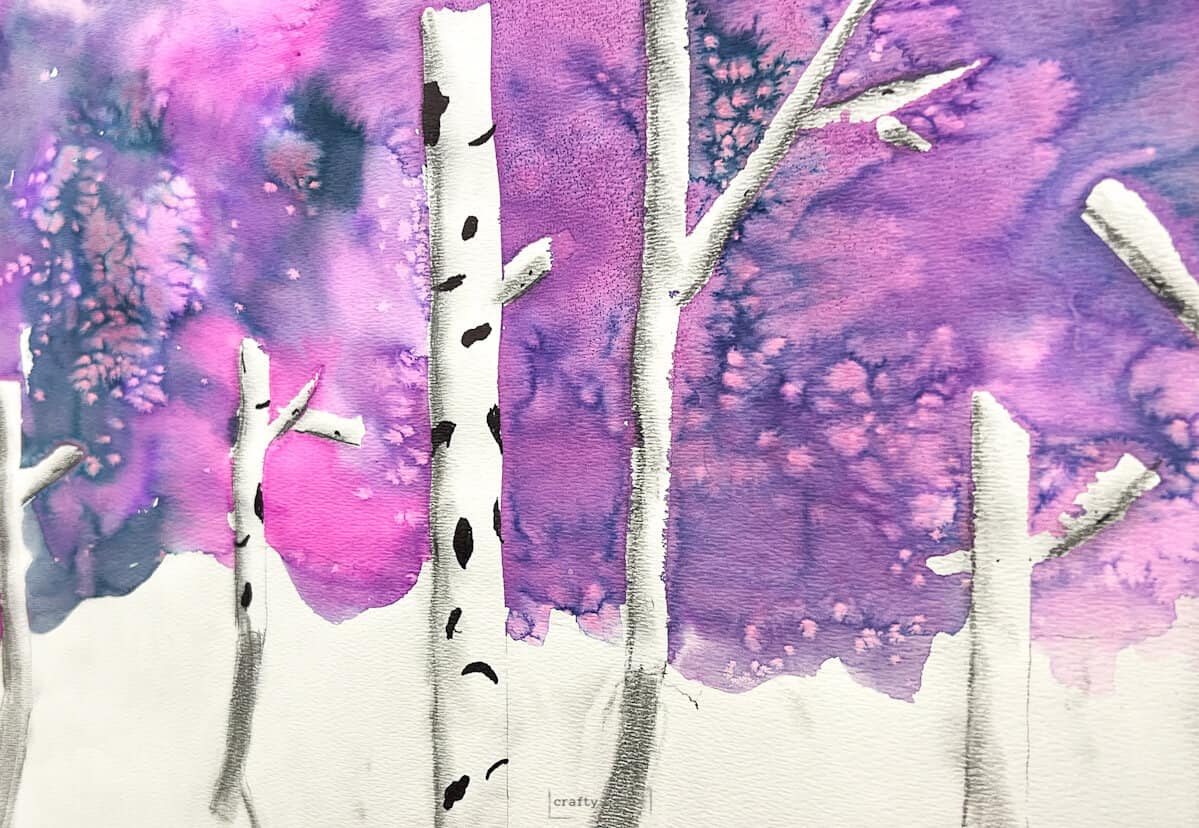 magenta, purple watercolor painted sky with white birch trees with black designs.