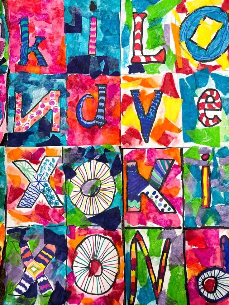 bright colors on word collage art projects by kids spelling different words.