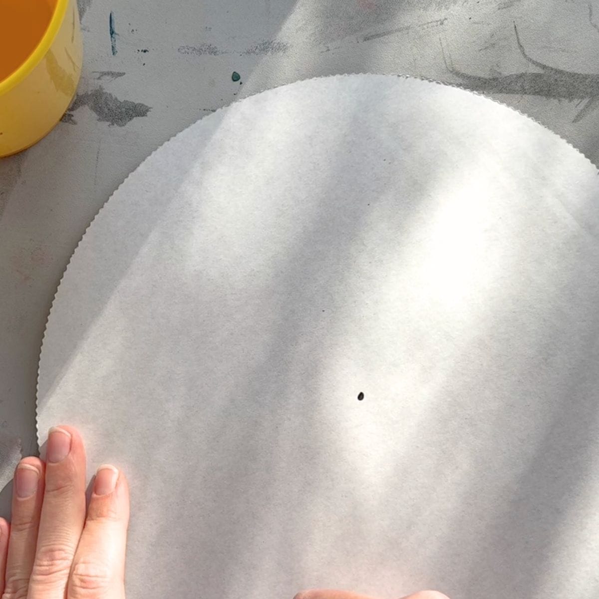 hands holding a cardboard circle with a black dot in the middle.