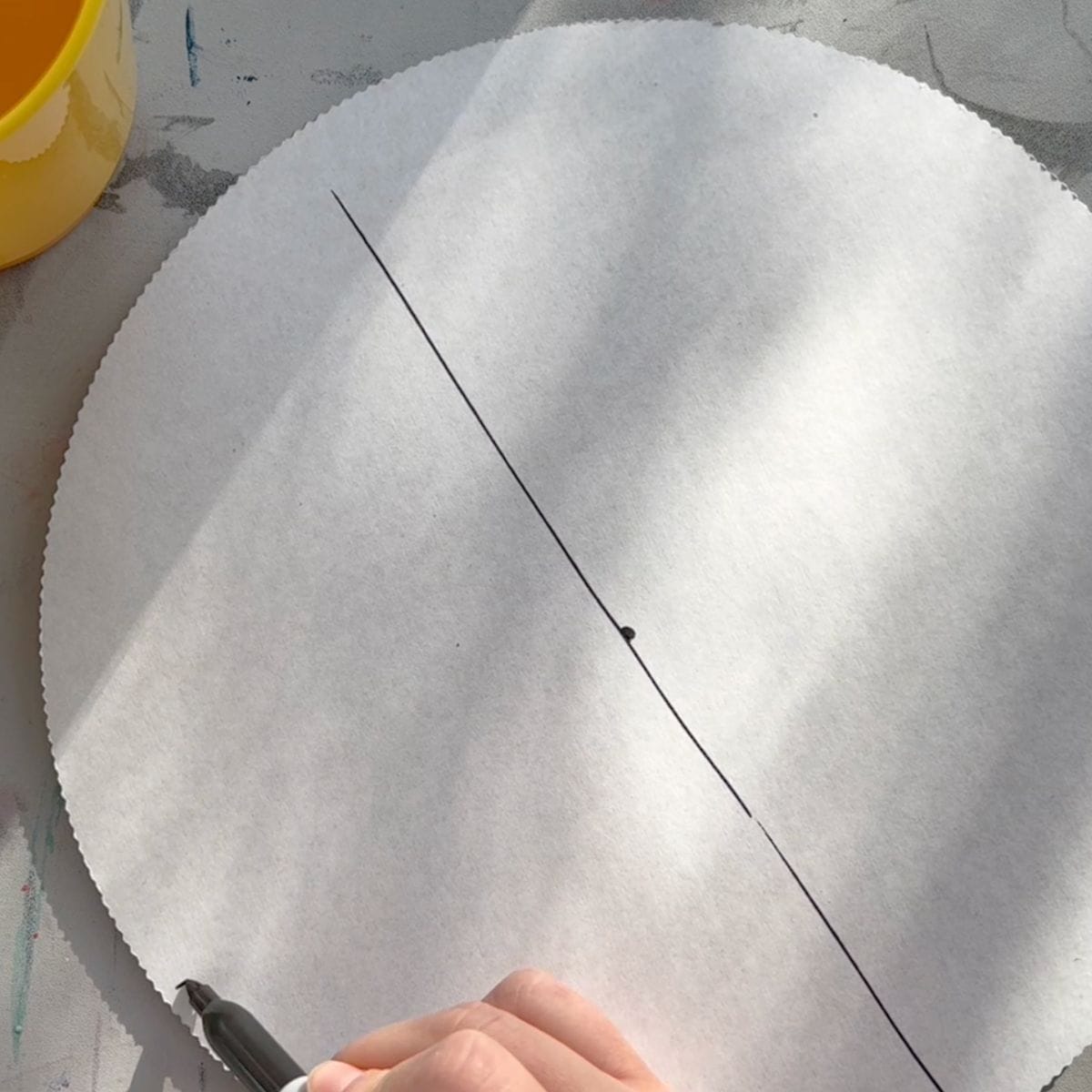 cardboard circle with line drawn down the middle.