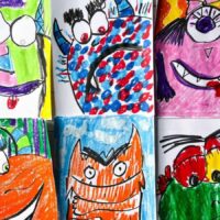 6 different color monster artworks by kids.