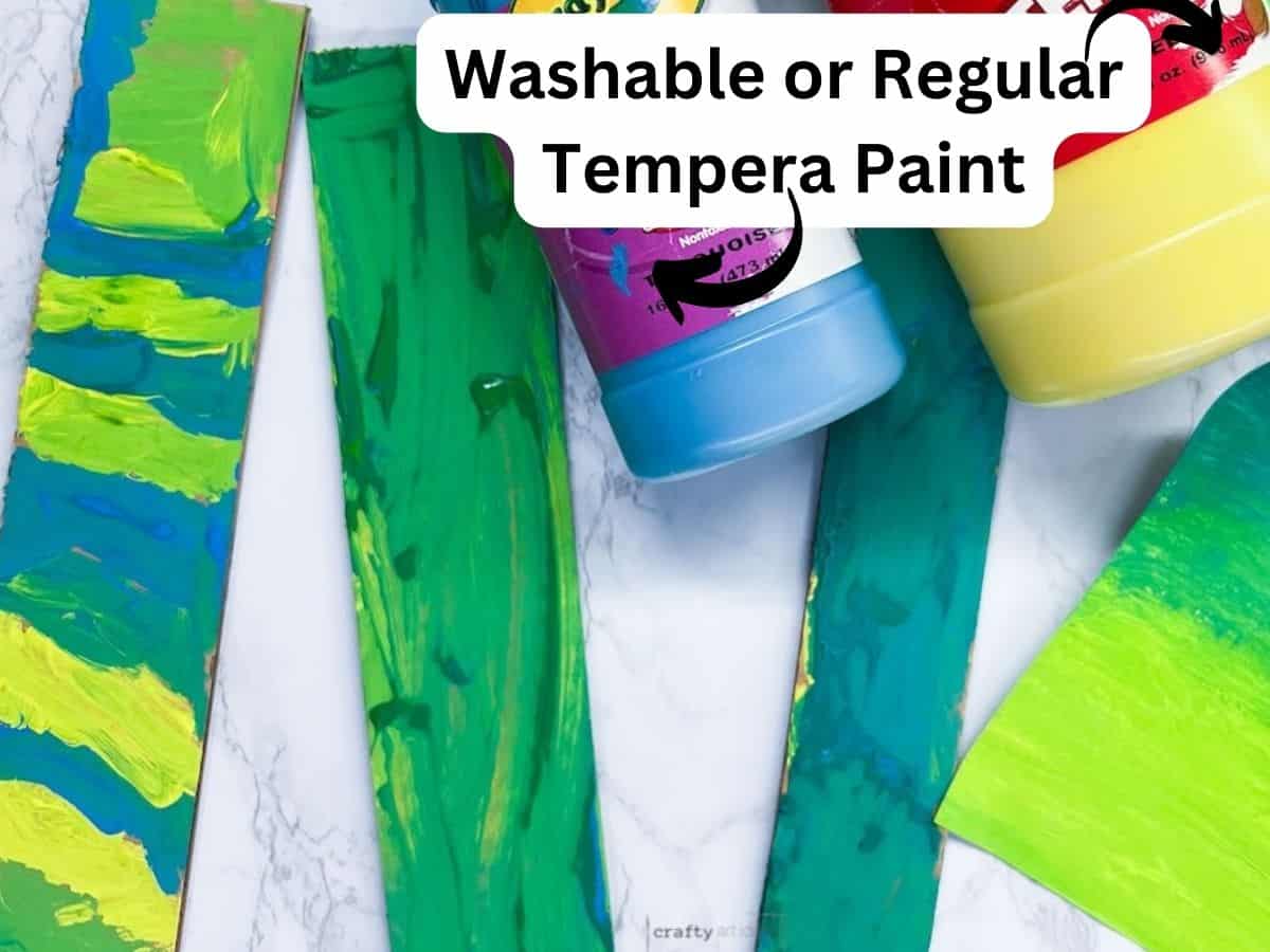 bottles of paint with text overlay washable or regular tempera paint with painted cardboard.