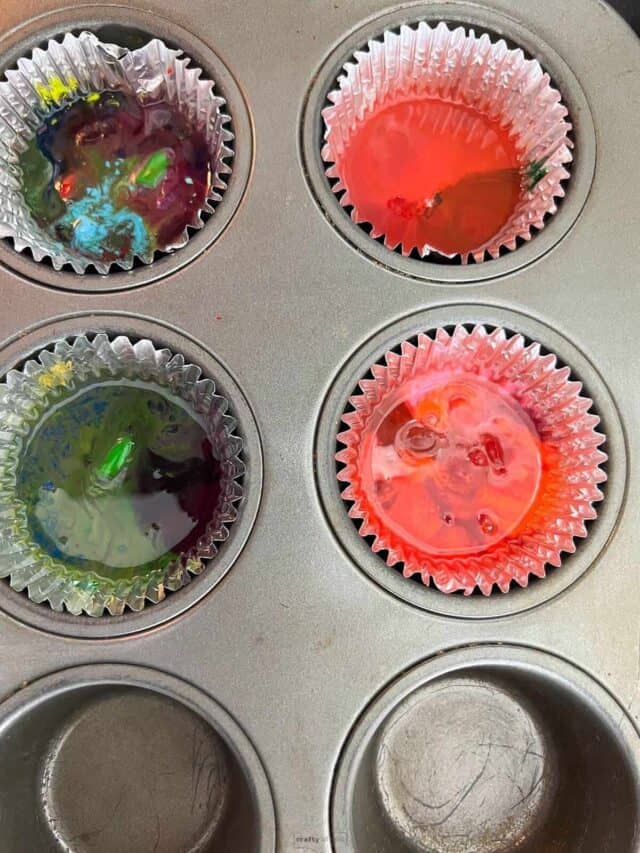 melted wax in 4 cupcake liners in muffin tin.