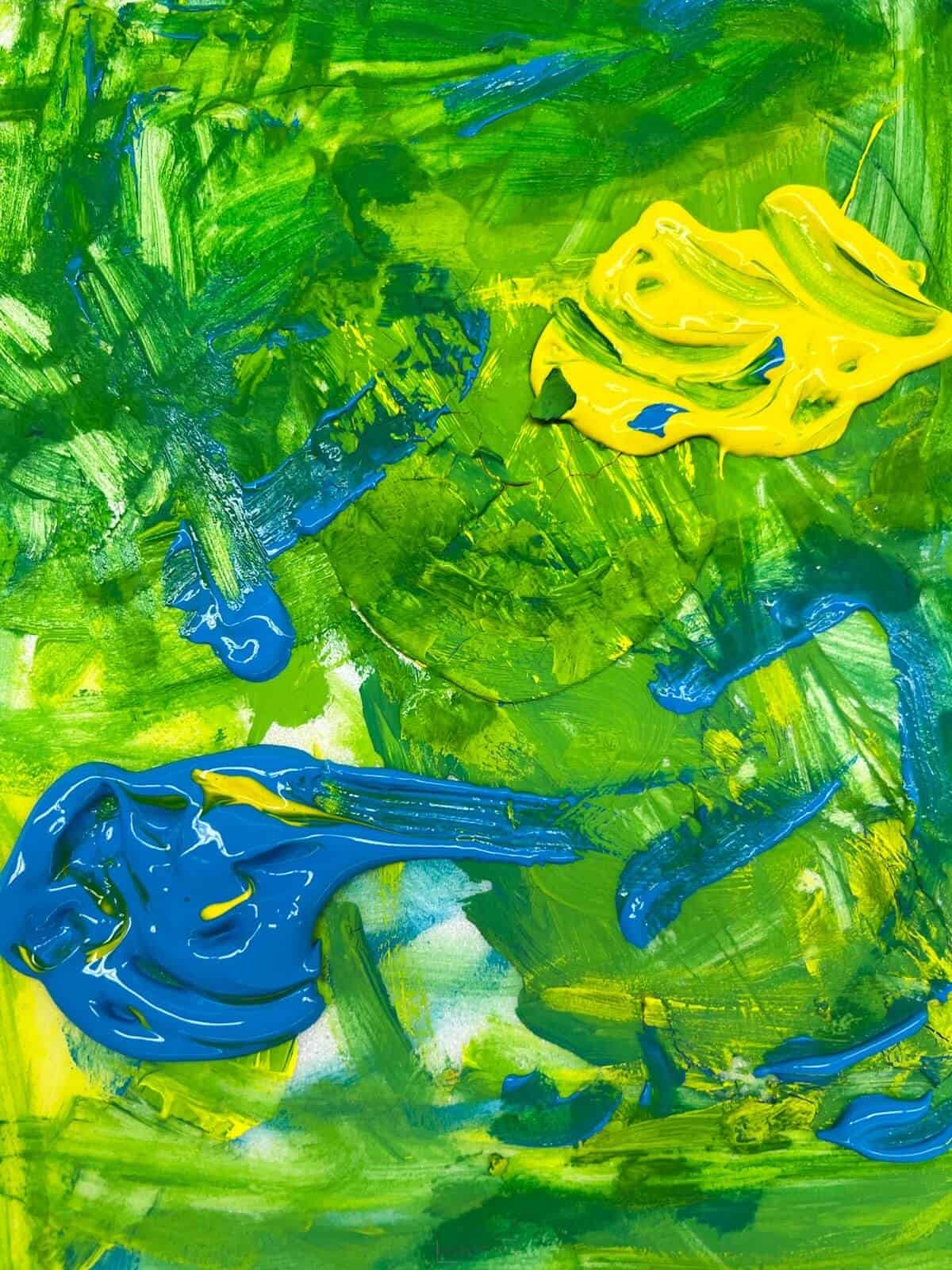 paint palette with yellow and blue tempera paint.