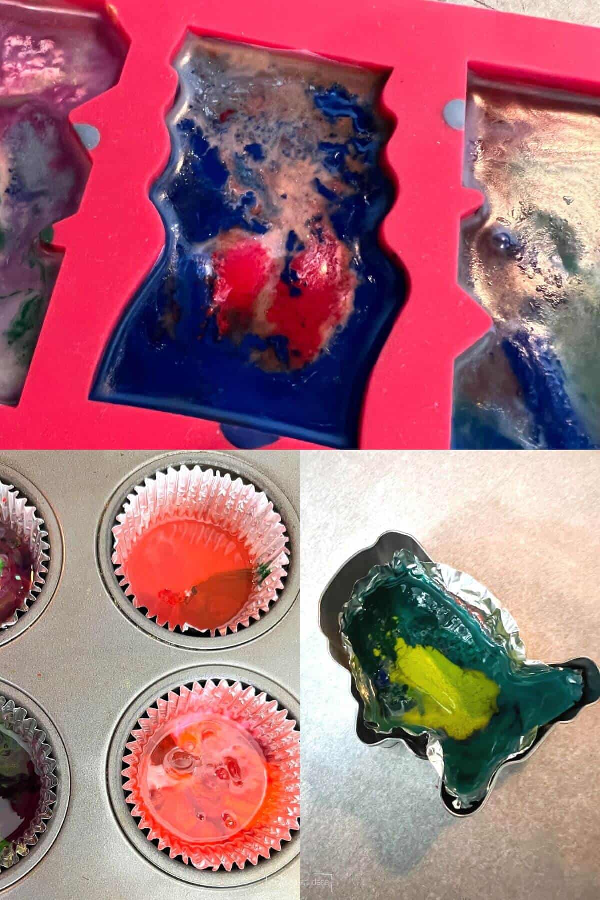 melted crayon wax in muffin tin, cookie cutter and silicone mold.