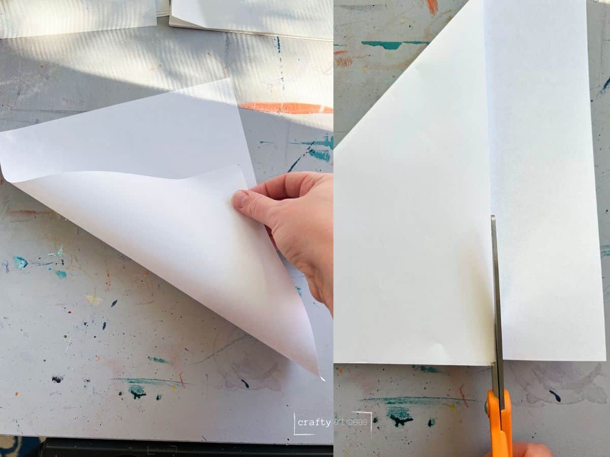 two images of folding white paper and cutting extra to make a square.