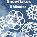 5 different paper snowflakes on blue background with text overlay how to make paper snowflakes in 5 minutes.