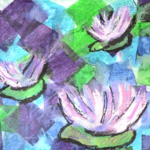 cool tissue paper collage with water lilies painted and drawn on.