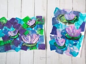 2 art projects with tissue paper of water lilies on shiplap.