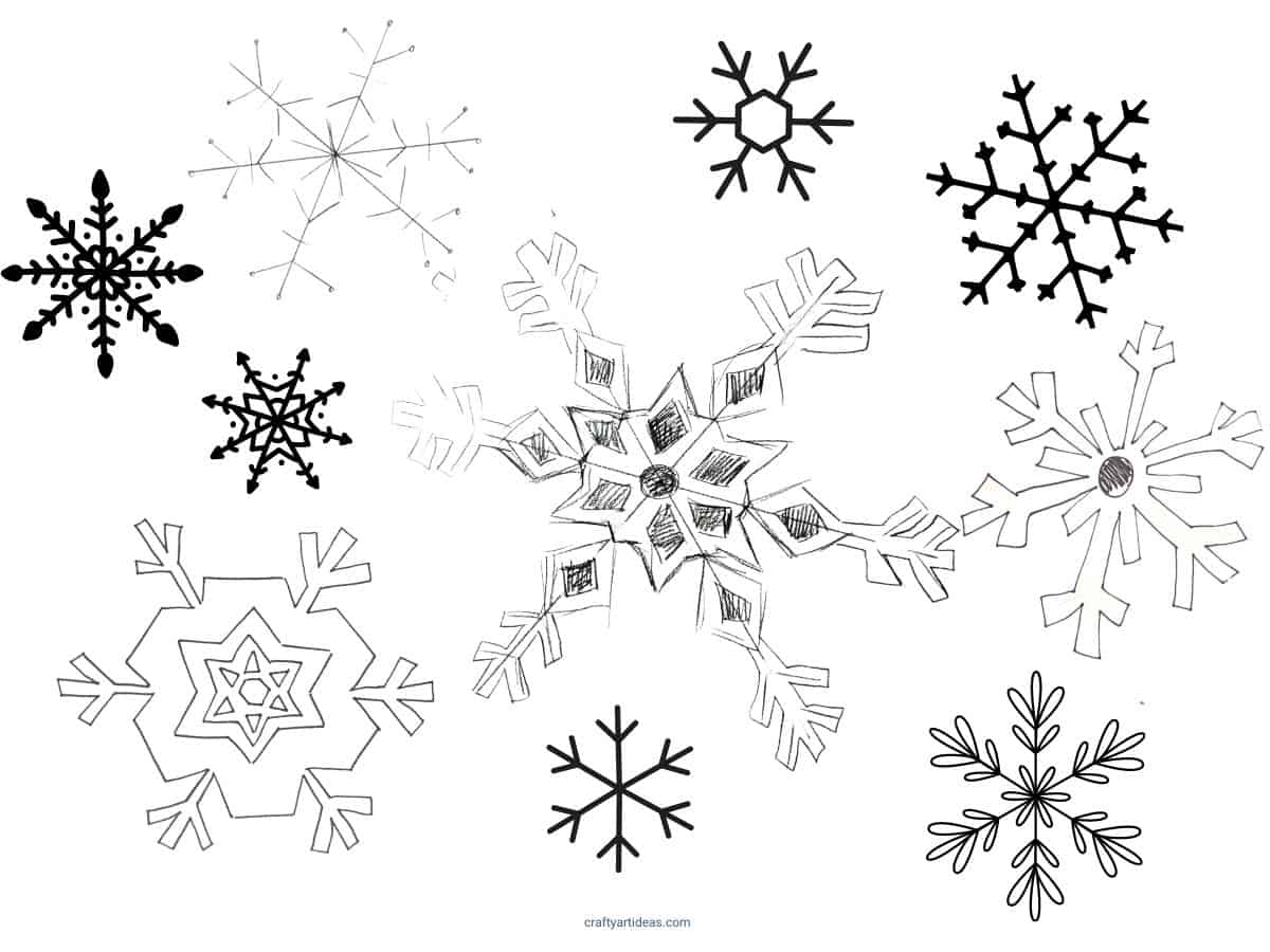 different six-sided snowflake designs.
