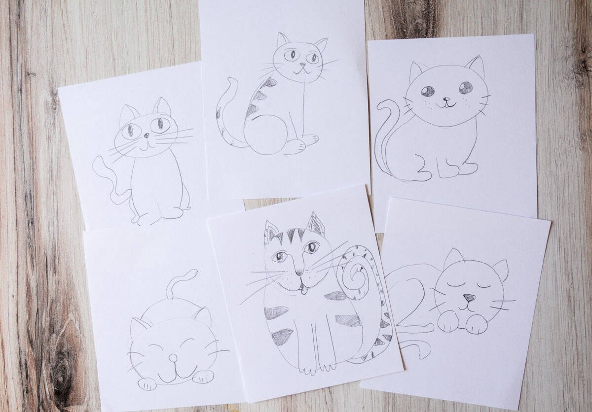 six different cat drawings on white paper.