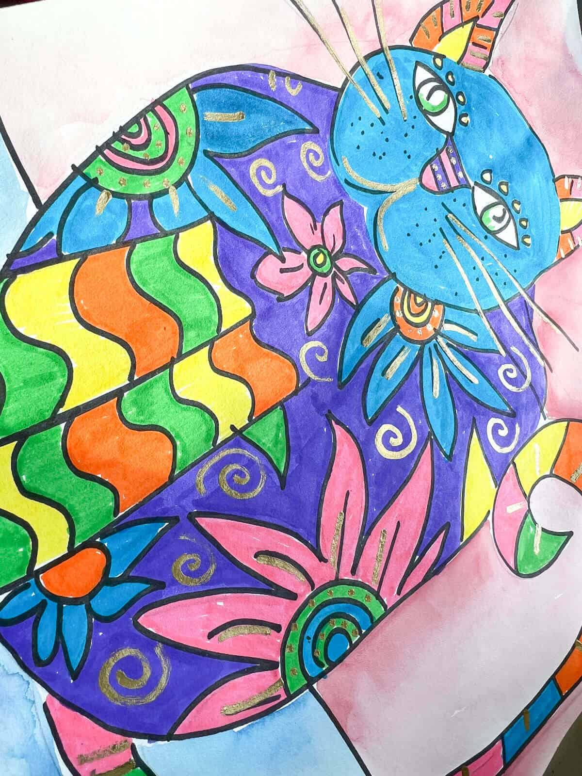 patterned marker drawing of a cat.