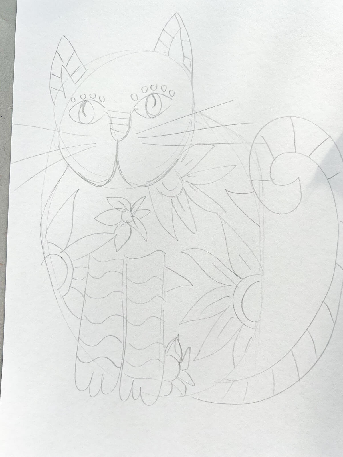 patterned cat drawing art lesson.