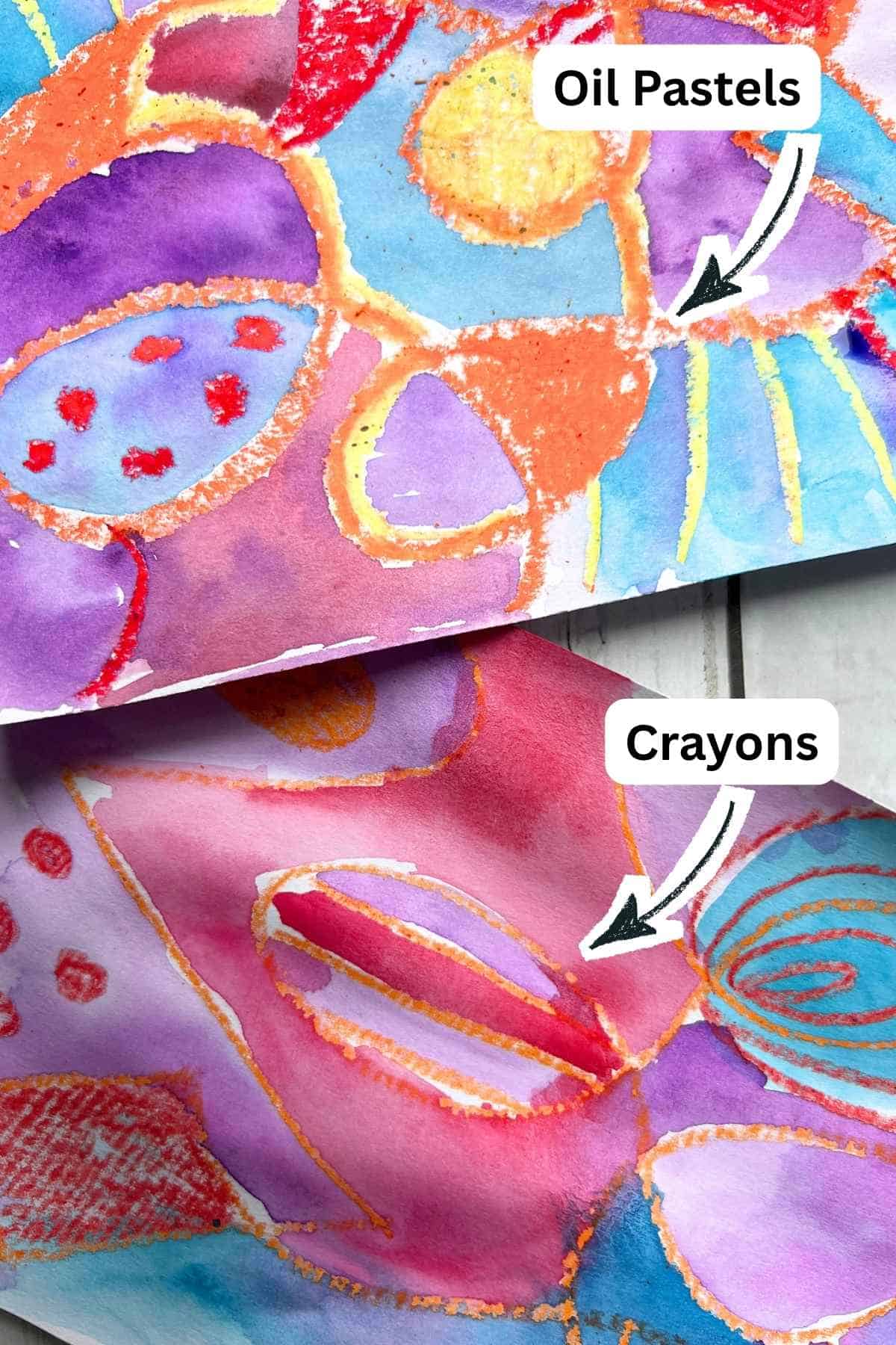 two resist examples with watercolor and crayons and watercolor and oil pastel.
