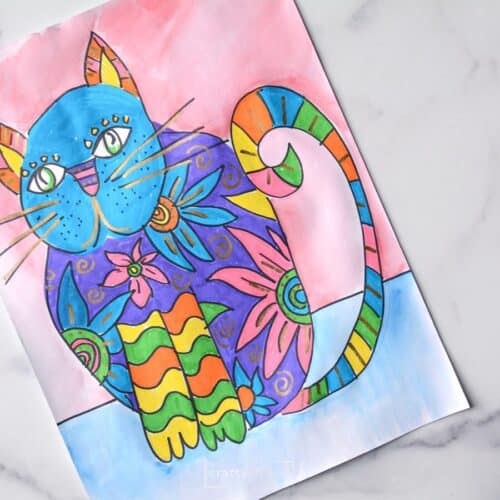 colorful patterned cat drawing kid art project.