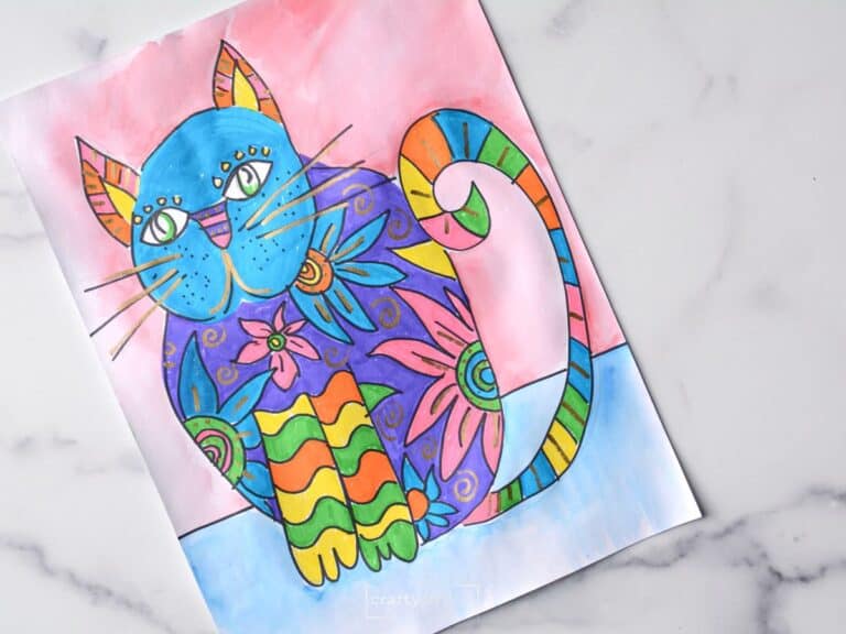 colorful patterned cat drawing kid art project.
