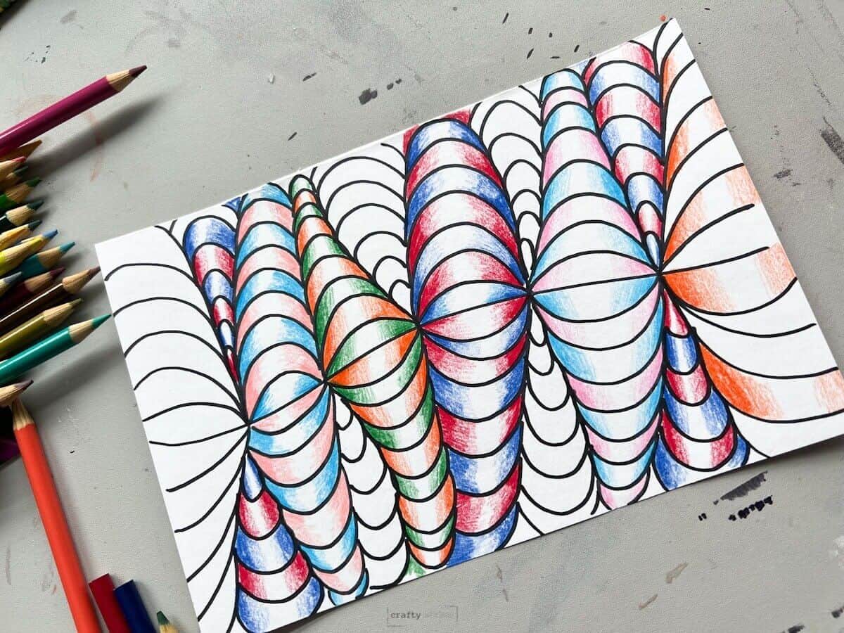 colored pencil patterns in curved and wiggly line op art drawing.