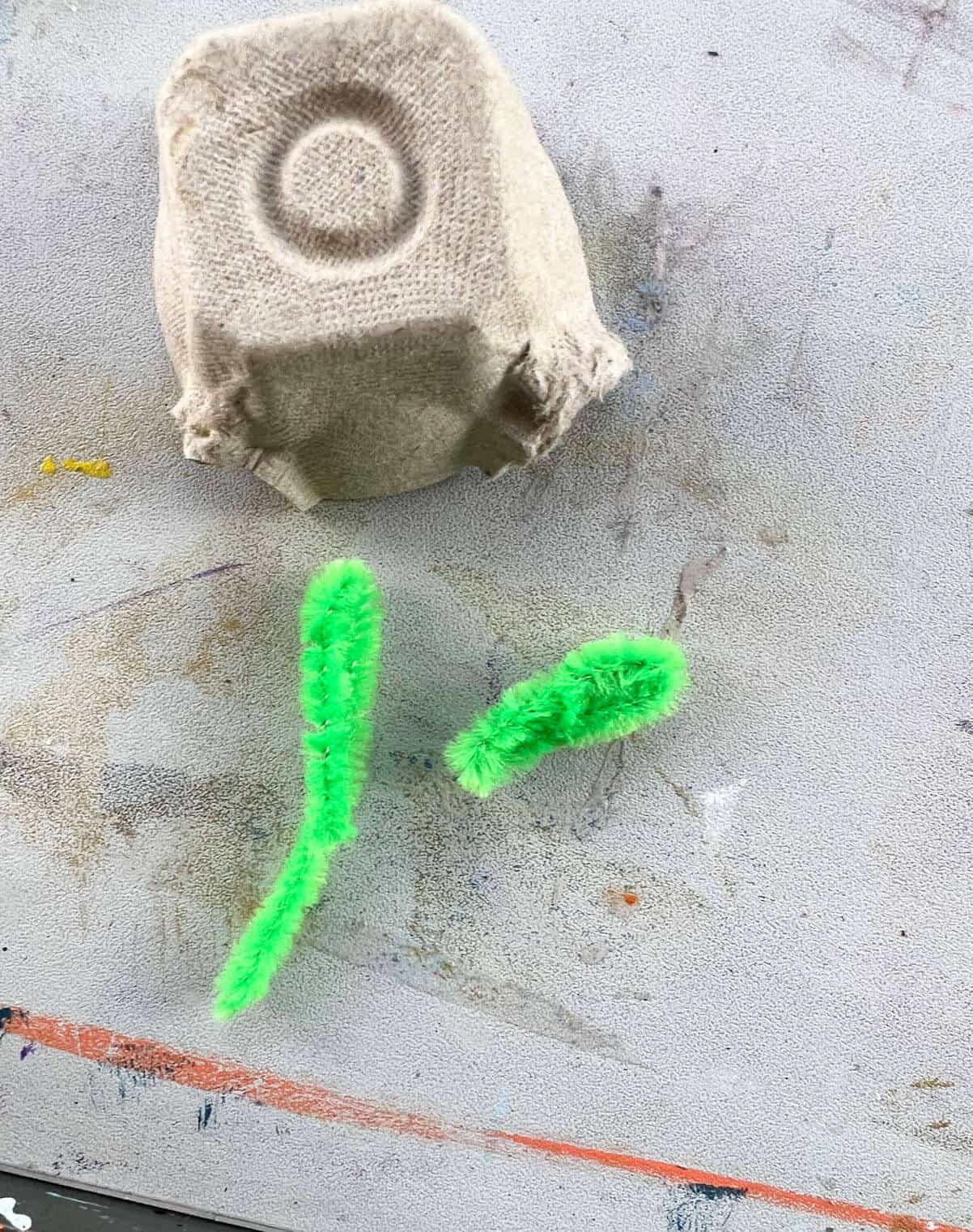 two green pipe cleaners with egg carton on table.