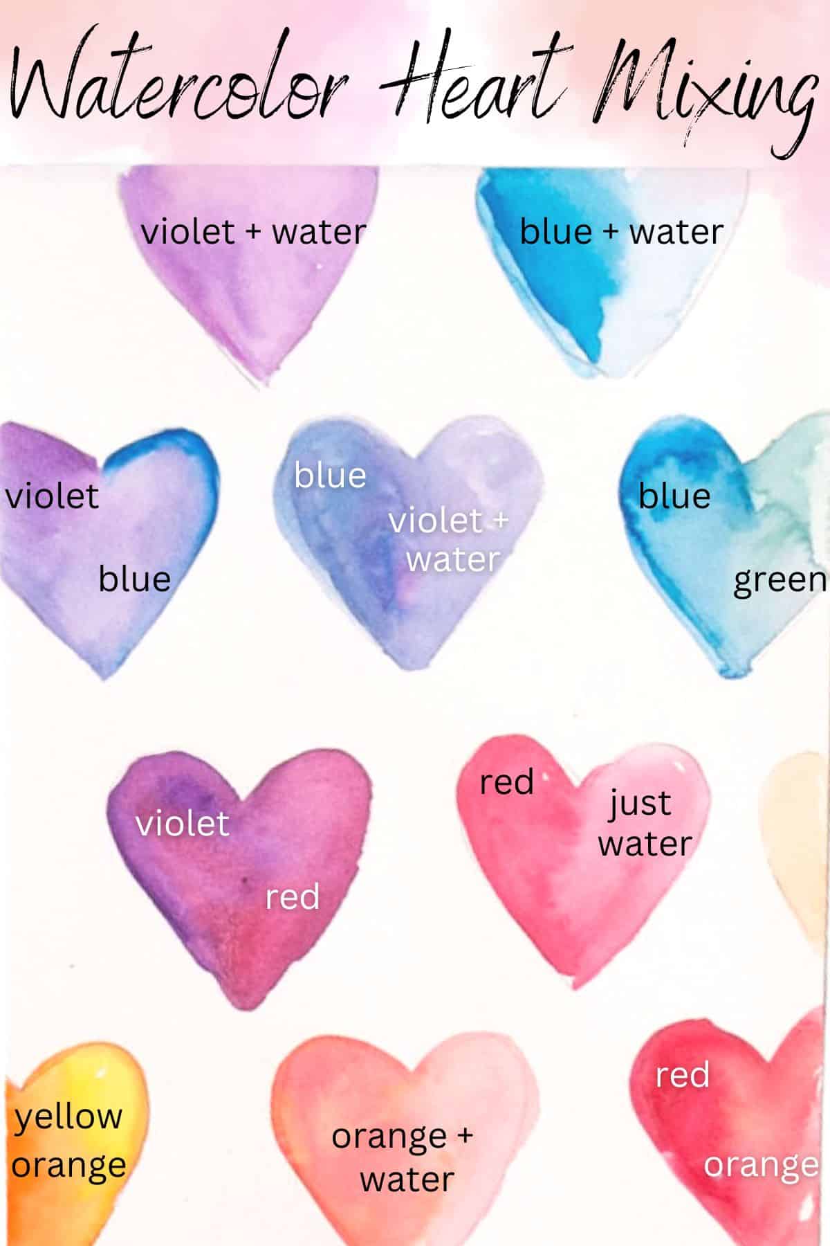 watercolor painted hearts on paper with colors listed on them.