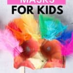bird mask craft with feathers made from an egg carton with text super easy masks for kids.