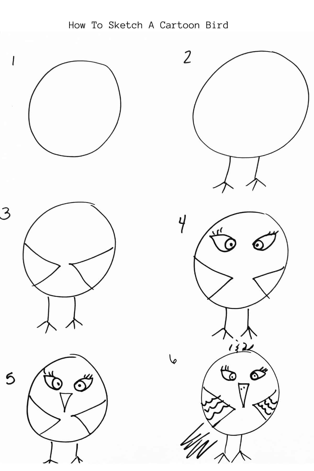 6 steps for simple female cartoon bird.