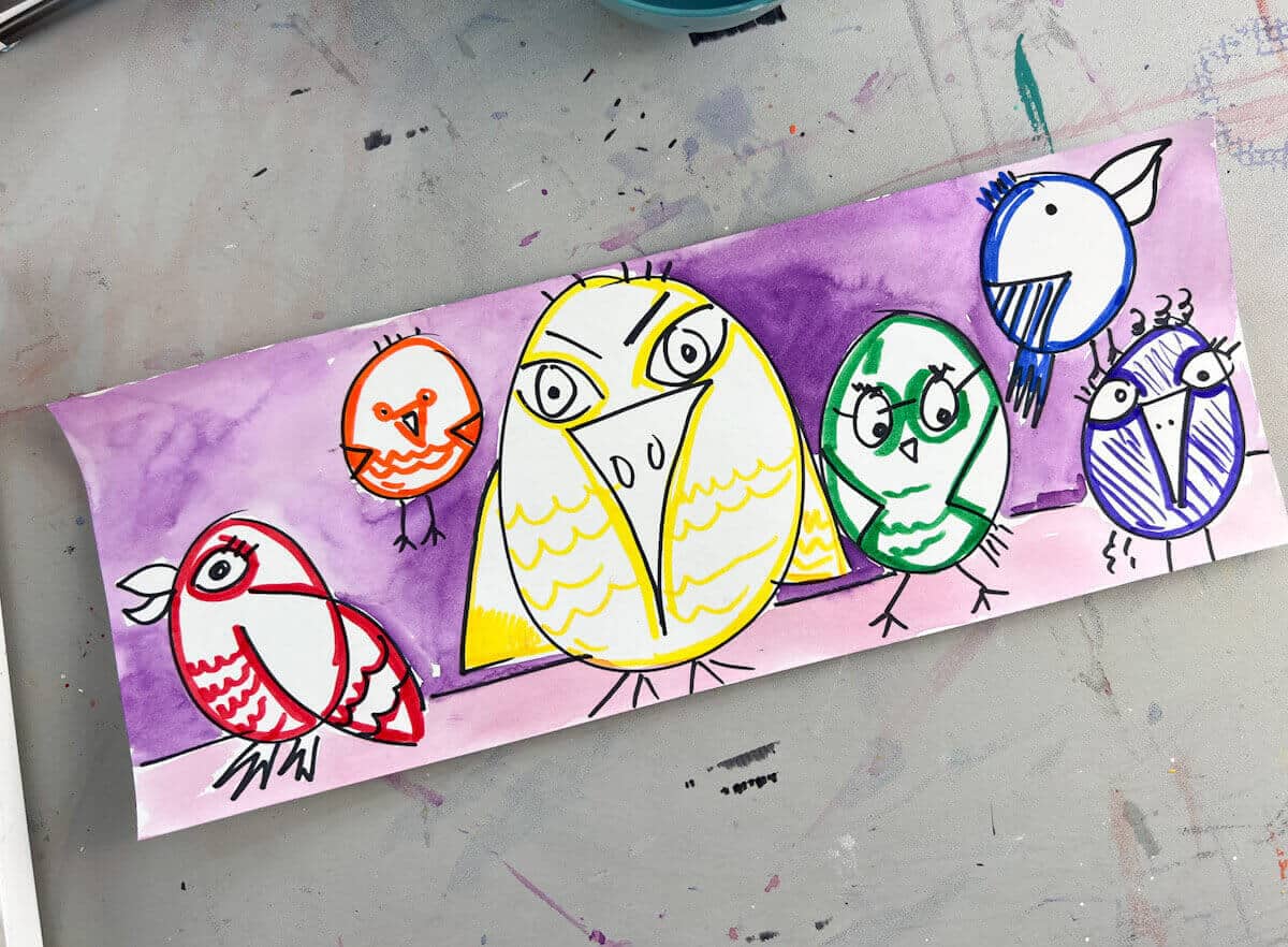 birds outlined in rainbow colors with watercolor background.