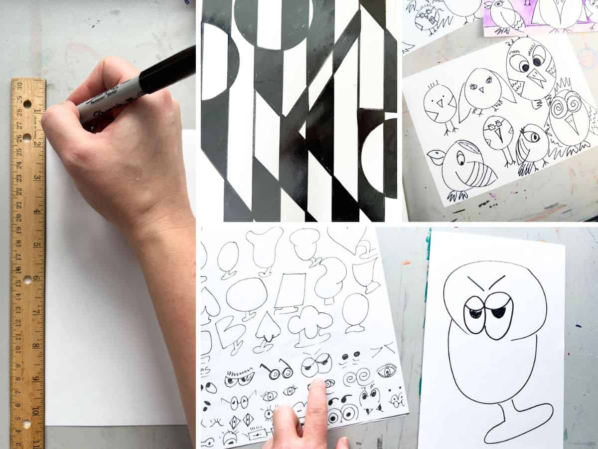 collage of different drawing ideas, cartoon drawing, hand drawing on ruler, op art and cartoon birds.