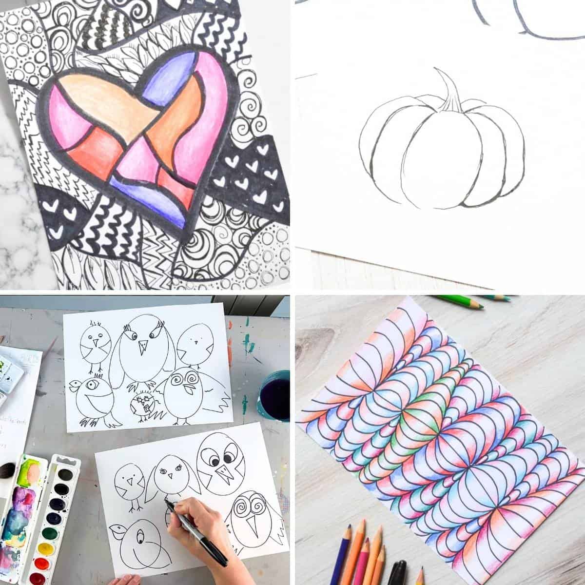 collage of 4 images of easy drawings ideas.