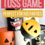 ball being thrown at cans painted in Halloween theme with text overlay DIY toss game.