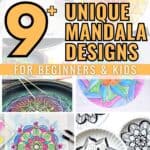 collage of mandala drawings with text overlay 9+ unique mandala designs for beginners and kids.
