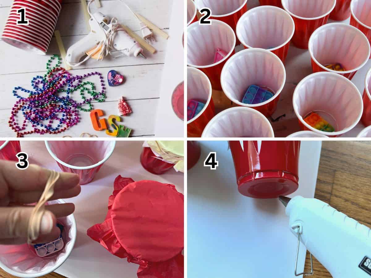 images of prize, cups with prizes, tissue paper on cups and hot glue being added to cup.