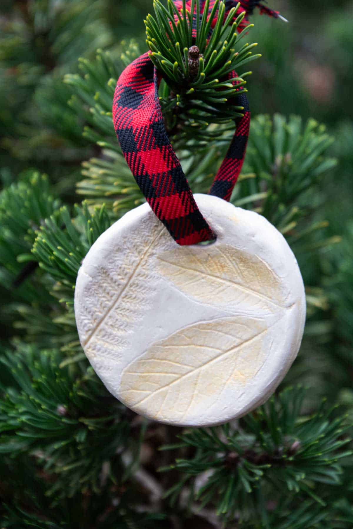leaf print on clay ornament on tree with red ribbon.