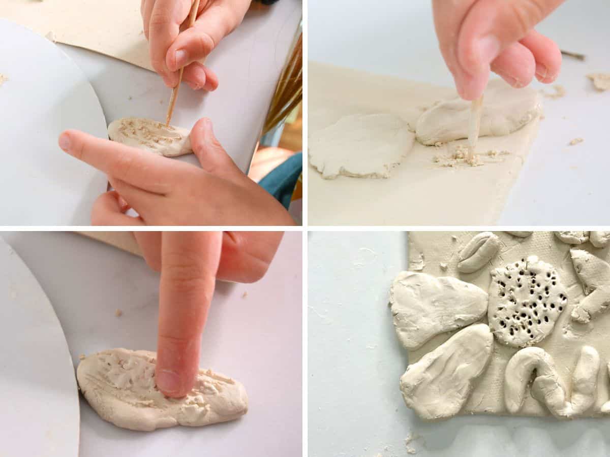 collage of child's hand scoring clay to add to tile