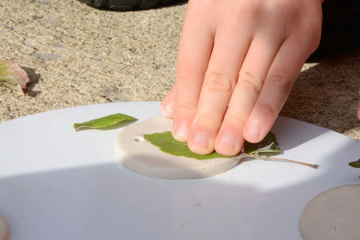 child's hand pressing leaf into clay.