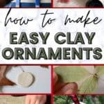 collage of making an air dry clay leaf impression with text how to make easy clay ornaments.