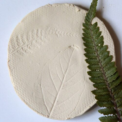leaf across clay circle with leaf impressions on it.