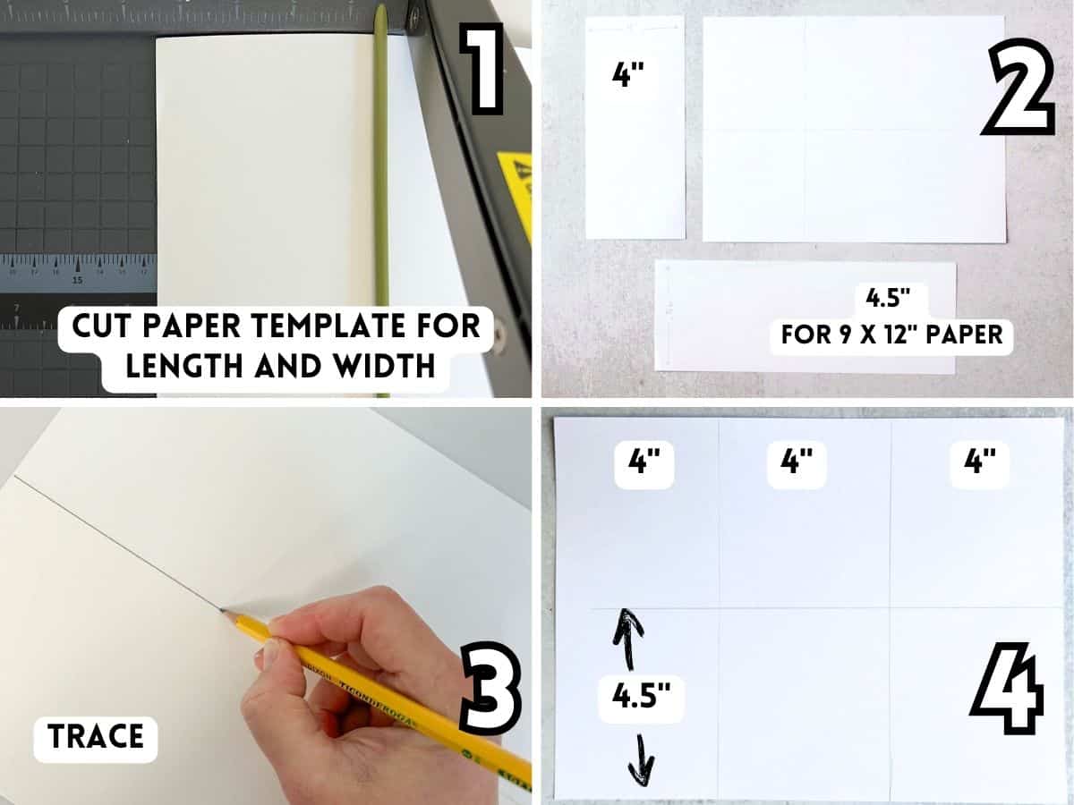 collage of images showing how to cut paper to use as template to make 6 equal squares on a paper.