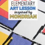 Primary color collage with text overlay easy elementary art lesson inspired by Mondrian.