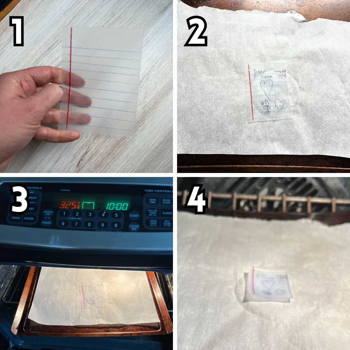 4 images showing putting keepsake notepad plastic in oven.