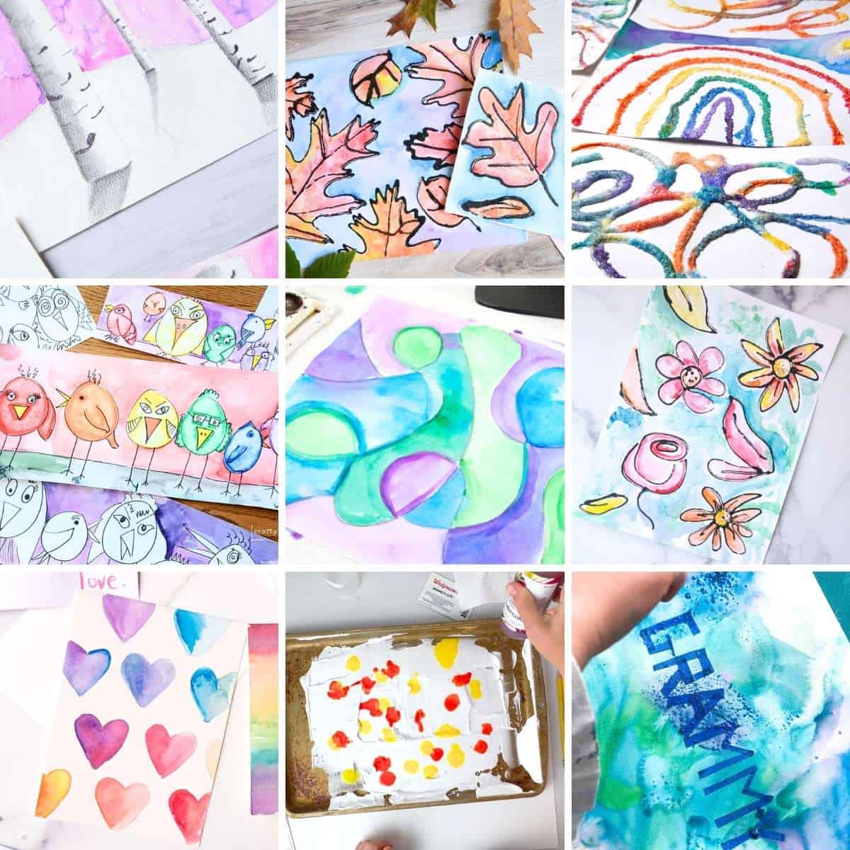 collage of watercolor projects for kids.