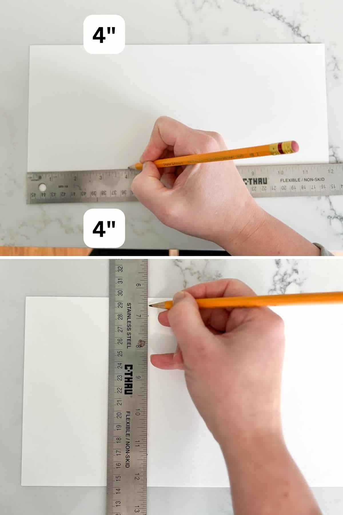 two images of hand holding pencil to draw straight line with a ruler.