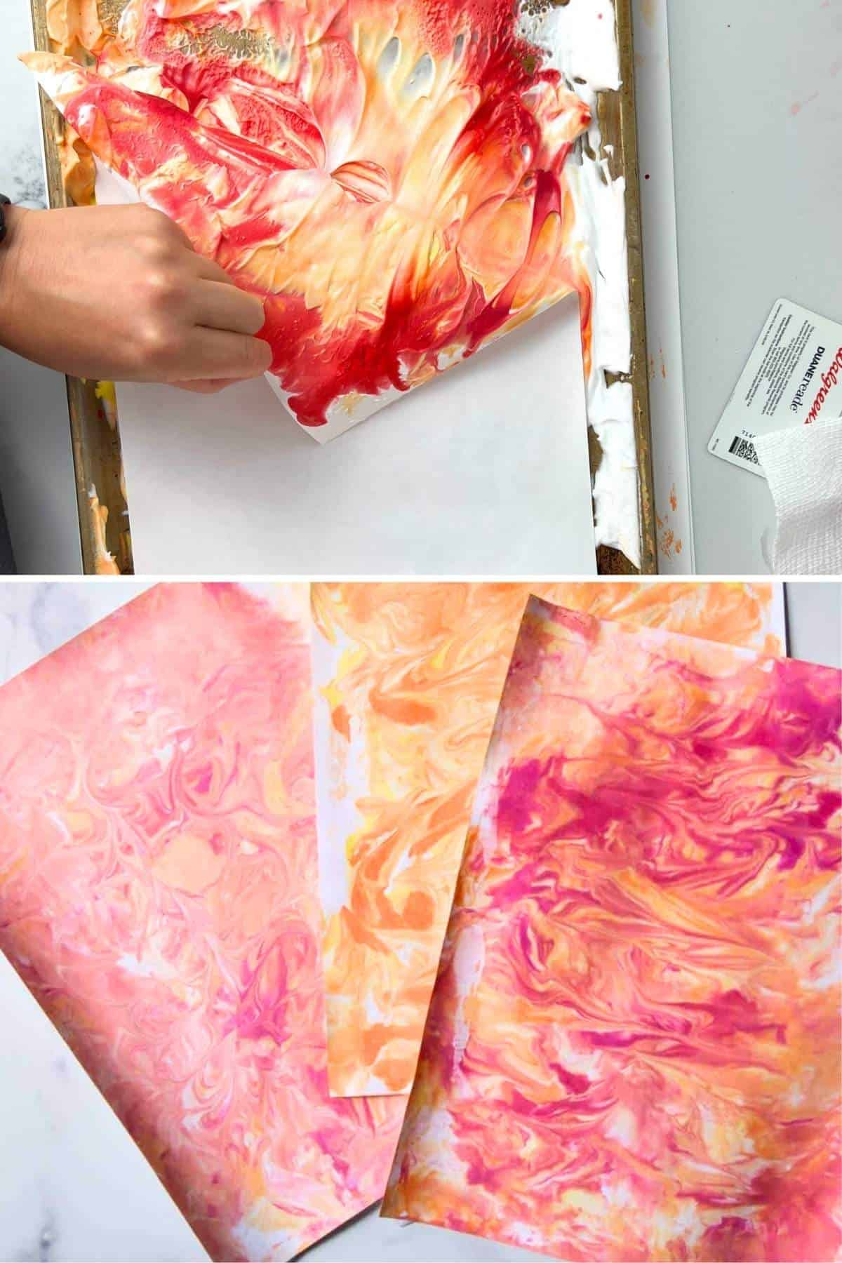 two images one of shaving cream and paint on paper and the other the finished marbled paper.